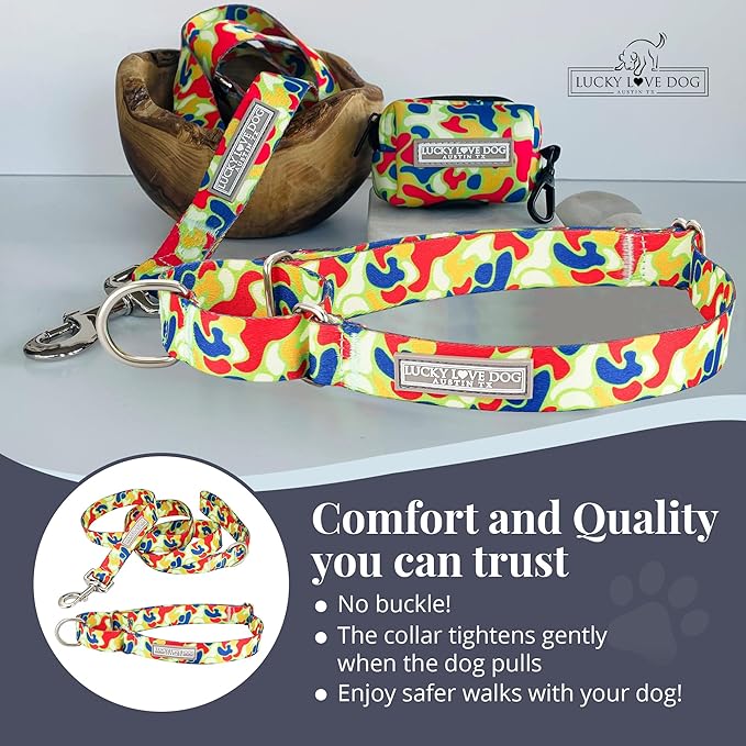 Lucky Love Dog Martingale Dog Collar & Leash - Adjustable, No-Slip, Durable, Comfortable, Soft Webbing, & Stylish Patterned Collar & Leash Set for Male and Female Dogs - Oscar Combo, Large