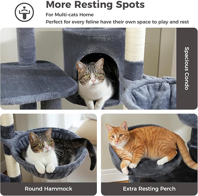 Large Cat Tree for Indoor Cats, 59" Tall Cat Tower with 3 Removable Pompom Sticks, Spacious Condo, Large Hammock and Scratching Posts, Sturdy Play House for Large Cats,Dark Grey