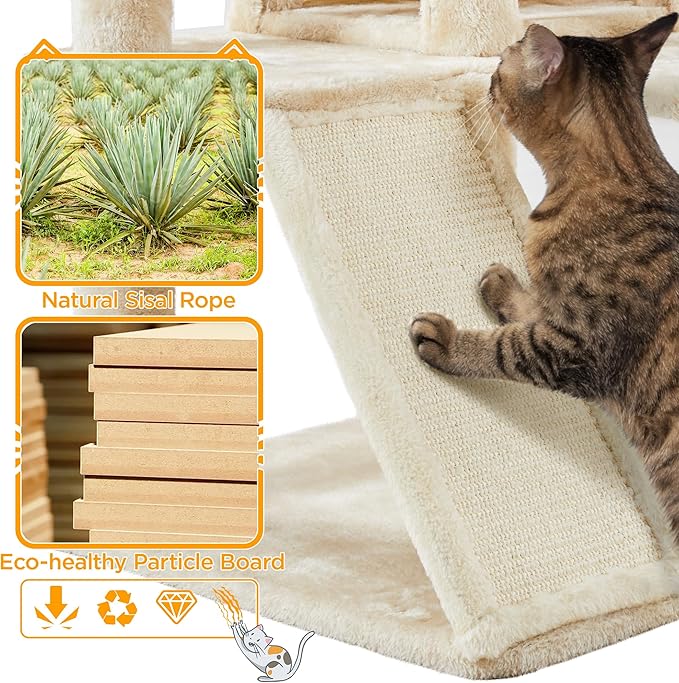 Yaheetech 57 inches Cat Tree for Indoor Cats, Multi-Level Cat Tower w/ 3 Perches, 2 Cat Condos, 2 Hanging Balls and Scratching Posts, Beige