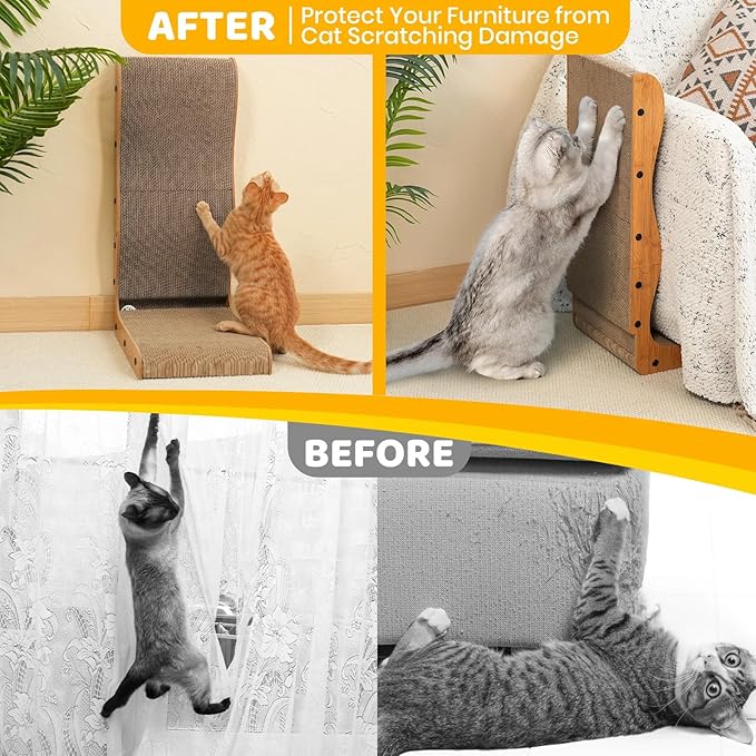 Happy & Polly L Shape Cat Scratcher - 25.8 Inch Vertical Cat Scratching Board with Ball Toy for Indoor Cats - Cardboard Cat Scratch Pad Protecting Furniture