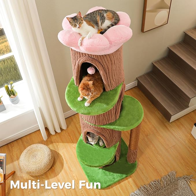 Forest Cat Tree with Flower Condos, Cute Tall Cat Tower with Scratching Posts & Padded Perch, Multi-Level Kitty Activity Center for Indoor Cats, Indoor Jungle Gym Furniture