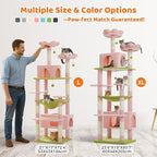PAWZ Road Flower Cat Tree, 72 Inches Large Cat Tower with Steel Frame Hammock and 7 Scratching Posts, Tall Cat Tree with 2 Condos and Perches for Large Indoor Cats - Pink