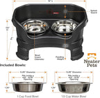 Neater Feeder Deluxe Mess-Proof Elevated Cat Bowls, 2 Height Adjustable (6” & 7.5”) No-Spill Raised Cat Bowl Stand, Whisker Friendly Stainless Steel Dishes for Indoor Cats, Made in USA, Black