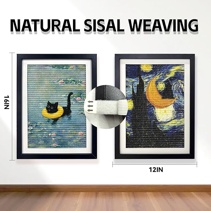Wall Art Cat Scratcher Mat - Sisal Vertical Cat Scratch Pad with Photo Frame Design, No-Drill Wall-Mounted, 16"x12" Wall & Couch Cat Scratching Mat, 1 Extra Mat Included Free (Pond-Side Cat)