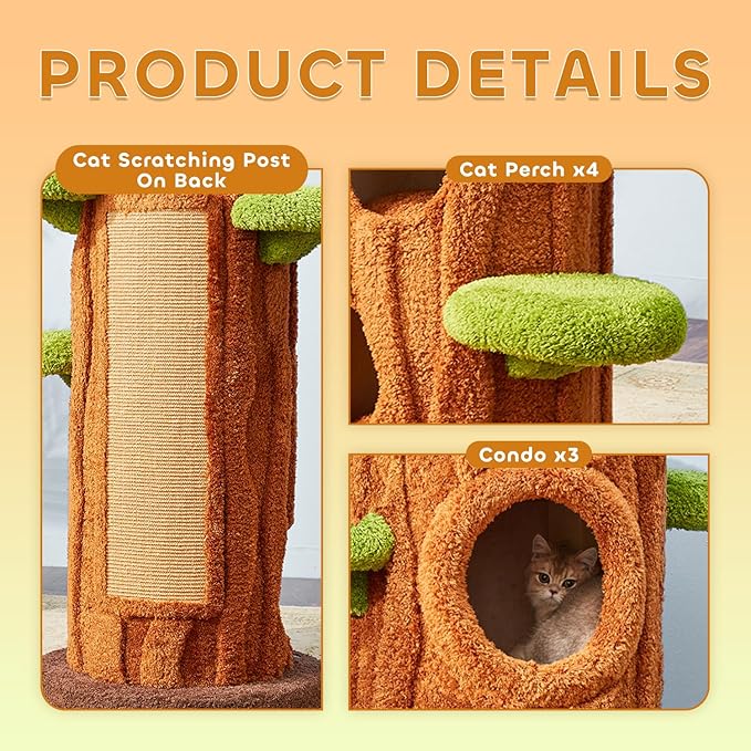 47.2'' Luxury Natural Cat Tree for Indoor Cats, Multi-Level Cat Tower with Scratching Post, Solid Wood Cat Condo for Multi-cat Families (Brown)