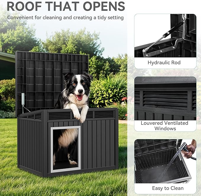 YITAHOME Plastic Dog House, Indoor & Outdoor Dog Kennel with Lift-Up Sloping Roof, Waterproof & Ventilated for Small to Medium Dogs, Easy to Clean Design, Black