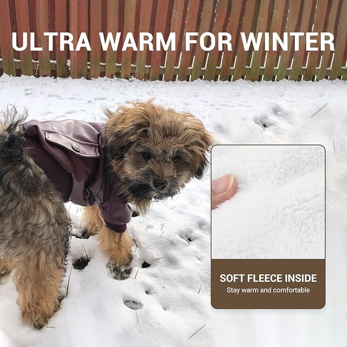 LESYPET Dog Leather Jacket for Small Dogs, Waterproof Dog Winter Jacket Puppy Coat with Fleece Lined, Ultra Warm Fur Collar Doggie Coat, Red XX-Large