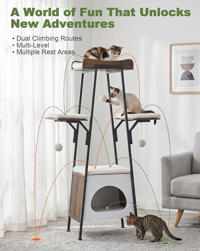 46-Inch Modern Cat Tree Tower for Large Cats, Multi-Level Cat Tower with Playful Toy Balls, Large Perch, Cat Condo, Removable Pads, White