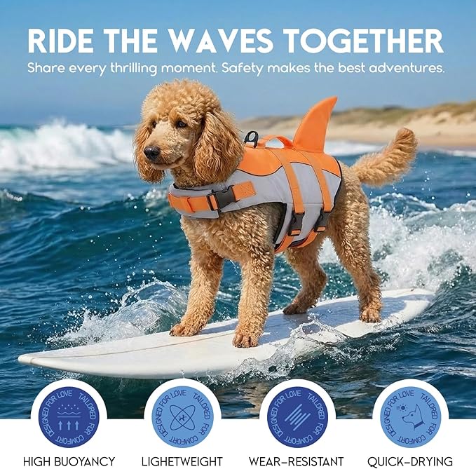 ASENKU Dog Life Jacket - Pet Safety Vest for Swimming & Boating, Shark Life Jacket with Floatation, Dog Lifesavers Swimsuits for Small Medium Large Dogs (Orange, 2XL)