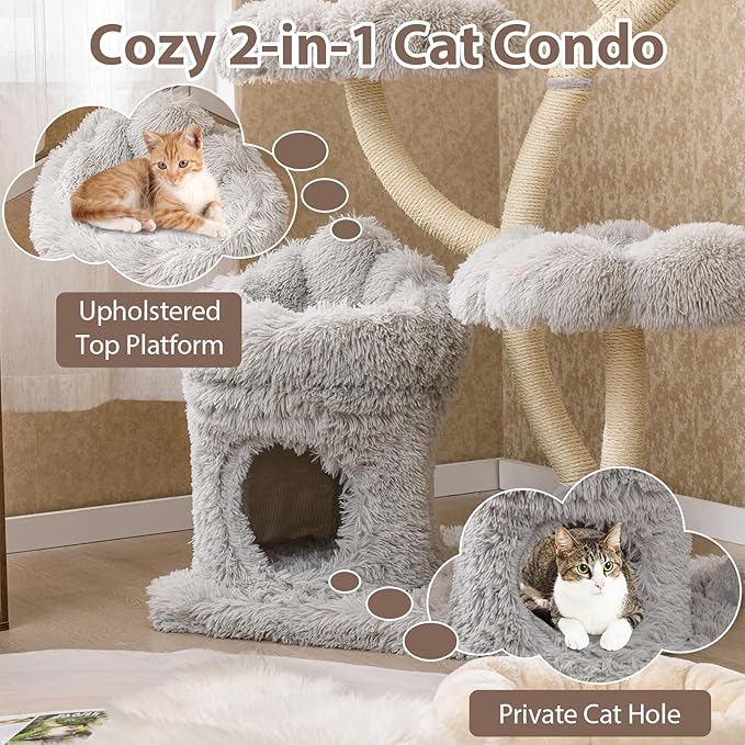PETSITE 65 Inch Tall Cat Tree, Multi-Level Modern Cat Tree Tower with Sisal Scratching Posts, Cat Condo, Soft Long Plush Covered Platforms, Ideal for Indoor Cats Large Adult (Grey)