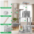 54 Inches Large Cat Tree Tower for Indoor Cat, Tall Cat Tower with Scratching Posts, Cat Condos, Cat Hammock, Pompoms, Top Perches, Sisal Rope, for Bed Room, Living Room (Light Grey)