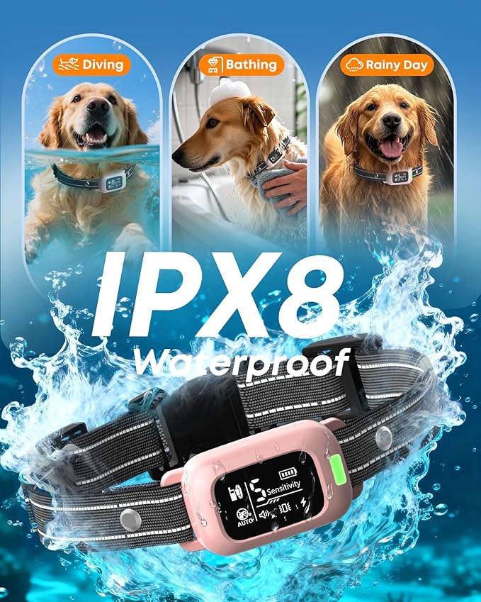 Delupet 2-in-1 Dog Bark & Training Collar – 4500FT Shock Collar with Remote Control, Automatic Anti-Barking E Collar with IPX8 Waterproof & LED Light for Small Medium Large Dog (Pink)