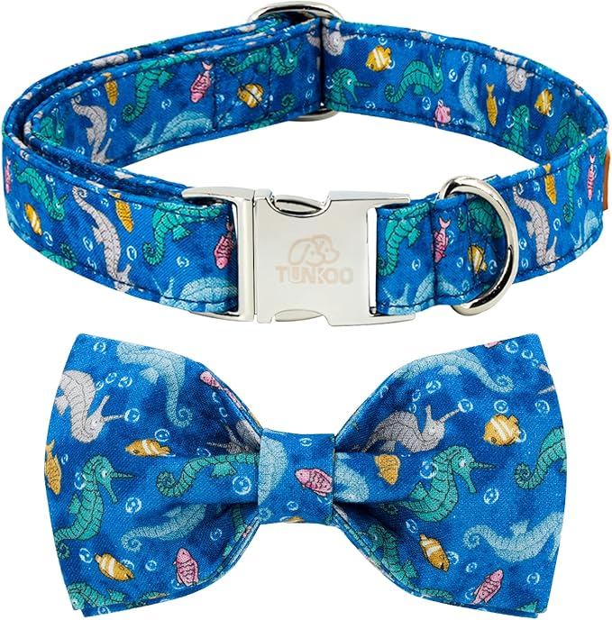 Tunkoo Dog Collar with Bow Tie Elegant Hippocampus Soft Comfy Cotton Adjustable Collar Premium Metal Buckle,Small Medium Large Puppy Cat Outdoor Training Walking Running（Hippocampus，M）