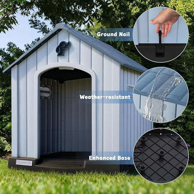 PUKAMI Large Dog House Outdoor Indoor, Plastic Dog House Weatherproof for Large Dogs, Sturdy Puppy Shelter with Air Vents and Elevated Floor, Easy Clean and Assemble (Blue, 37.2" D x 40" W x 40" H)