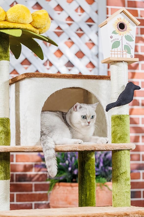 HYABi 44.1 Inch Tall Flower Cat Tree Tower Condo Climbing for Indoor Cats Multi Level with Sisal Scratching Post Hammocks Pet House Play Home Furniture Platform