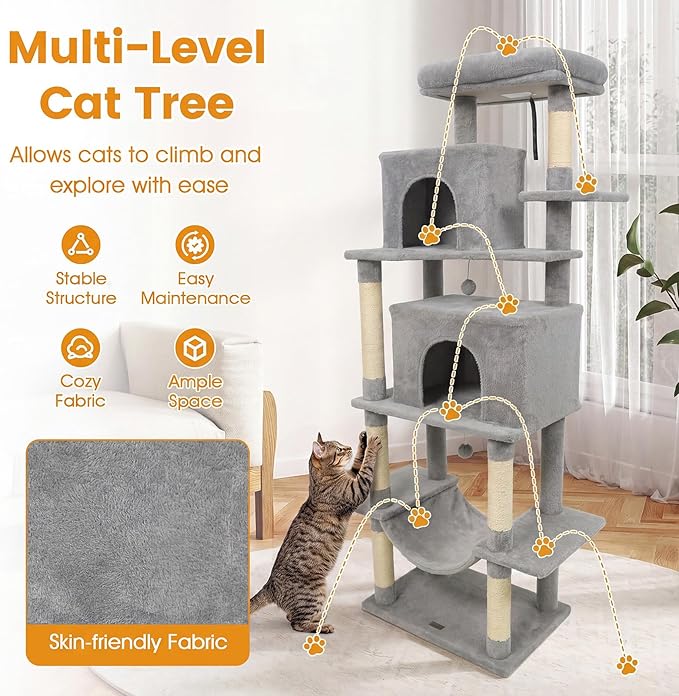 PETSITE 70-inch Tall Cat Tree, Modern Multi-Level Cat Tower with 2 Comfy Condos, Sisal Scratching Posts, Snug Hammock, and Dangling Ball, Ideal for Indoor Cats and Kittens (Grey)
