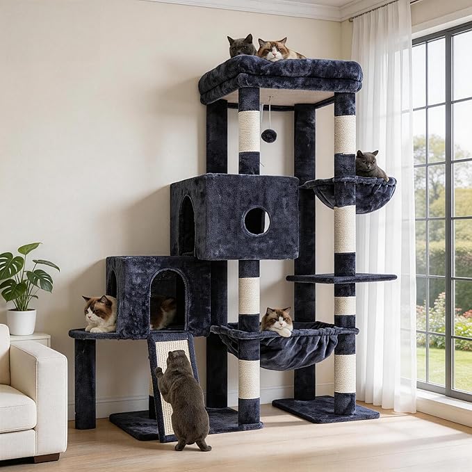 Hey-brother Cat Tree Tower, Scratching Posts with Big Platform, 2 Condos, Spacious Hammock, Cozy Basket, Sisal Board for Indoor Large Adults, 50 Inches Progressive Climbing House, Smoky Gray MPJ071G