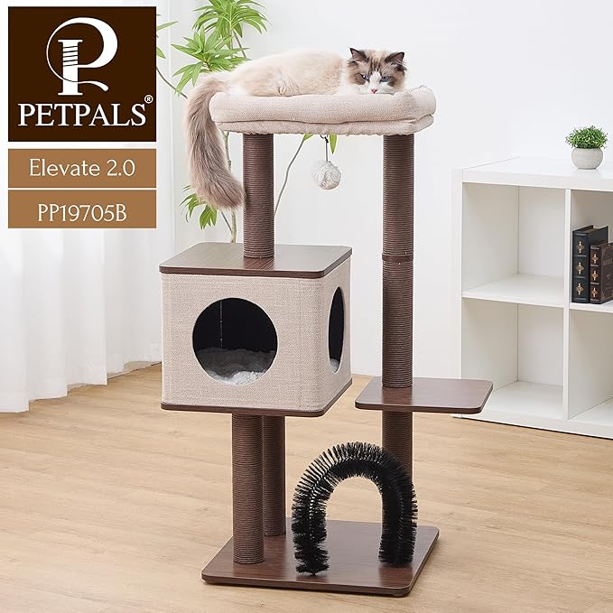 Petpals 4 Level 43" Minimalist Design Cat Tree with Wood Condo,Replaceable Paper Rope Scratching Posts,Full Body Bruch,Removeable and Washabel Bed (Brown and Beige)