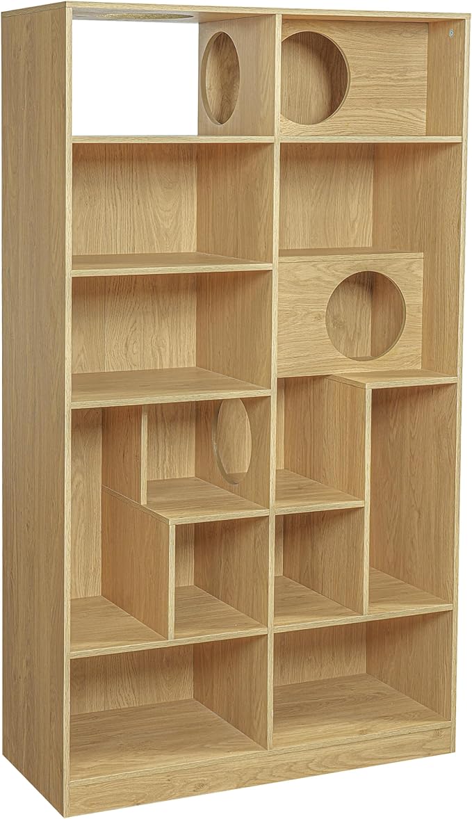 Bookcase Wooden Cat Tree, Natural Color Bookshelf Indoor Cat House Pet Furniture, Display Case with Storage, Cat Litter Box Enclosure Climbing Shelf