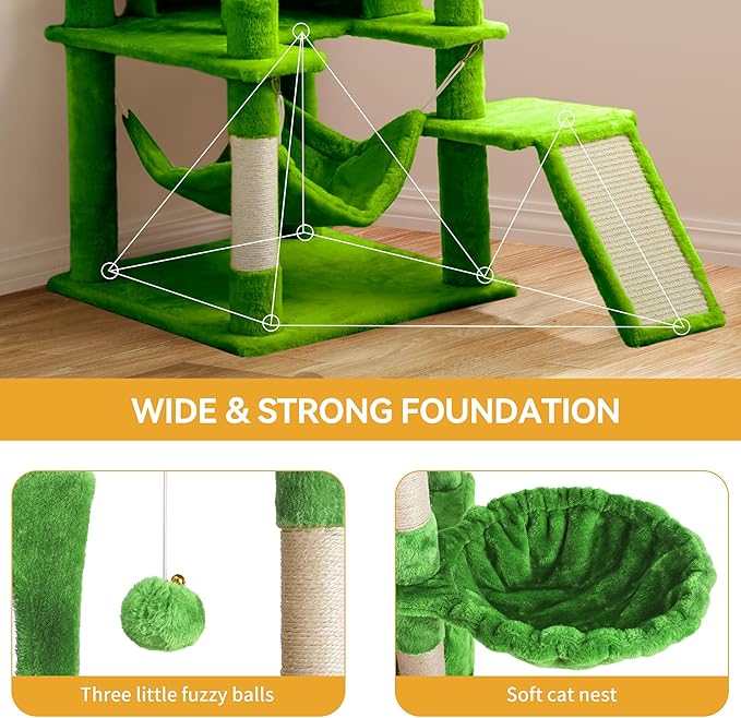 YITAHOME 190 cm Tall Heavy Duty Cat Trees for Large Cats, Sturdy 75inch Maine Coon Cat Tower for Indoor Cats Large Adult with Scratching Post, Hammock, Cat Condo for Adult Cats Kittens, Green