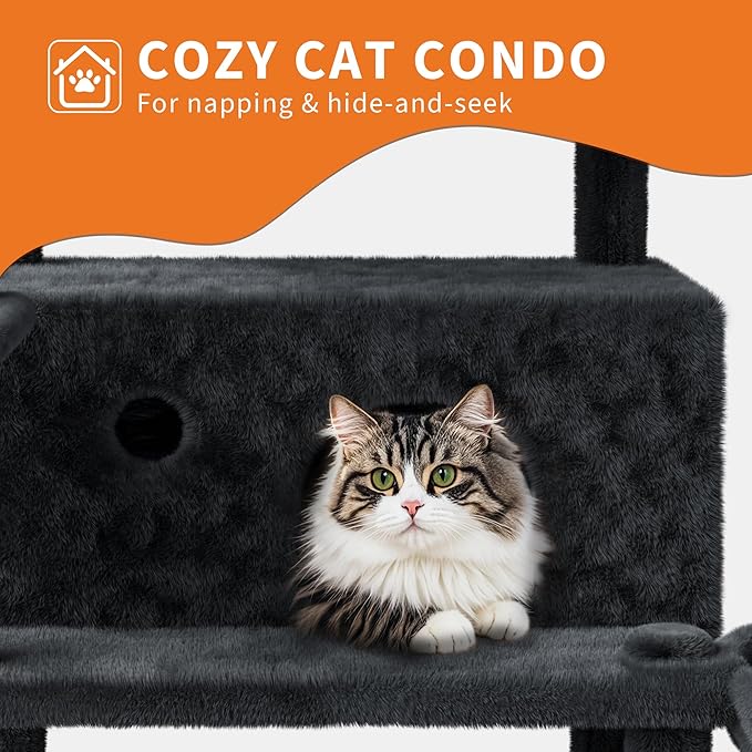 68.5 in Multi-Level Cat Tree for Indoor Cats Large Adult Heavy Duty Cat Tower for Large Cats with 2 Condos/Plush Perches/Sisal Scratching Posts/Hammocks/Basket/Dangling Balls, #2604 Dark-Grey