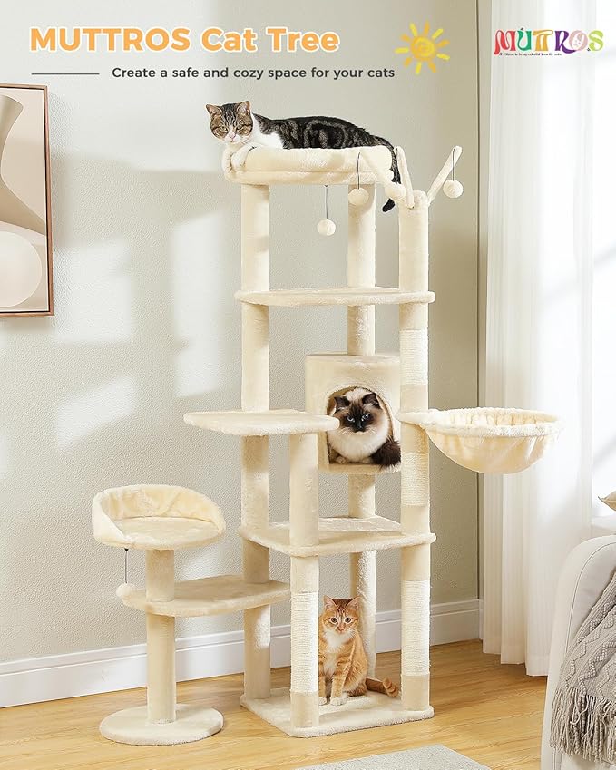 59" Cat Tree, Cat Tower for Large Cats, Multi-Level Cat Tower with 3 Removable Pompom Sticks, Cat Tree for Indoor Cats, Cat Condo with Large Hammock, Scratching Post, and 2 Perches, Beige