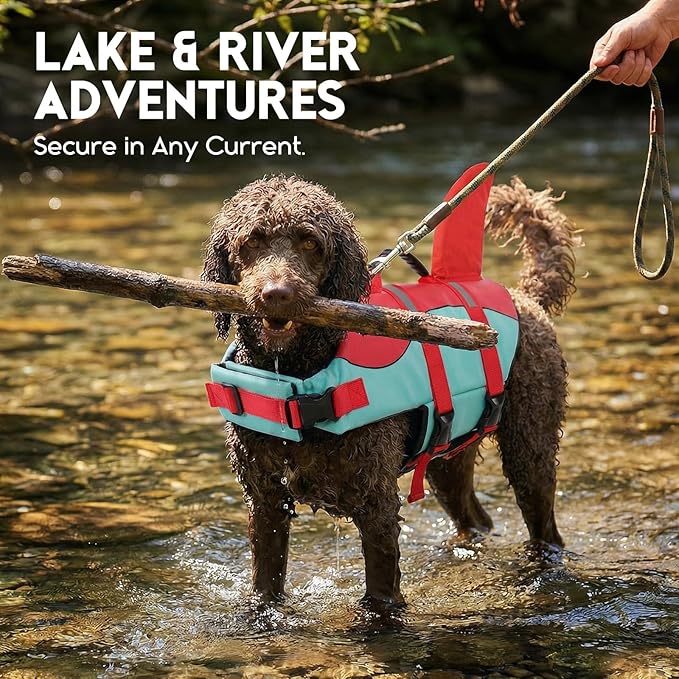 ASENKU Dog Life Jacket - Pet Safety Vest for Swimming & Boating, Shark Life Jacket with Floatation, Dog Lifesavers Swimsuits for Small Medium Large Dogs (RedGreen, 2XL)