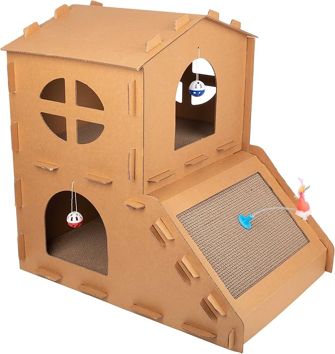 Cat House - Cardboard Cat House with Scratching Pads, Toys, and Catnip - Multi-Level Cat Houses for Indoor Cats, Kittens and Small Animals by PETMAKER