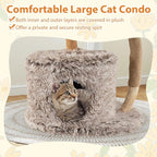 Tangkula Solid Wood Cat Tree, Multi-Level Cat Tower with Well-Woven Cattail Basket, Luxury Condo, Scratching Posts, Dangling Ball, Soft Long Plush Fabric, Modern Boho Cat Tree for Indoor Kittens