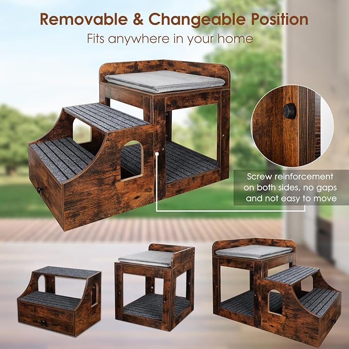 Pet Bunk Bed for Cats, Multi-Level Pet Window Perch Seat Platform with Removable Stairs and Mats for Cats and Dogs, Pet Bed Couch with Drawers for Bedside, Home, Indoor Use, Brown