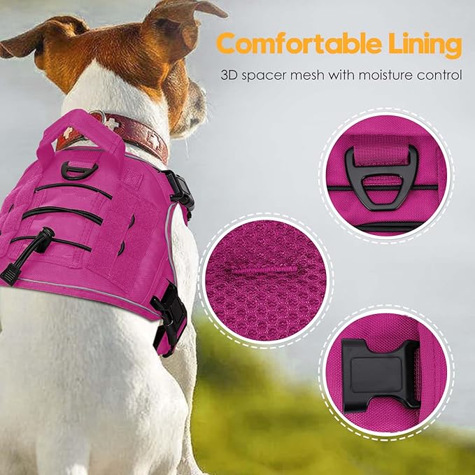 Heavy-Duty Tactical Dog Harness for Large Dogs, No Pull Adjustable Reflective Pet Vest with Molle System, K9 Military-Grade Control for Service Training, Outdoor & 10+ Breeds, Pink, Small