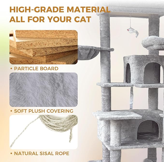 Multi-Level Large Cat Tree, 68-Inch Cat Tower for Indoor Cats, Plush Multi-Color Cat Condo with 4 Scratching Posts, 2 Perches, 2 Caves, Hammock, Pompom，Extra Large Top Perch (Gray)