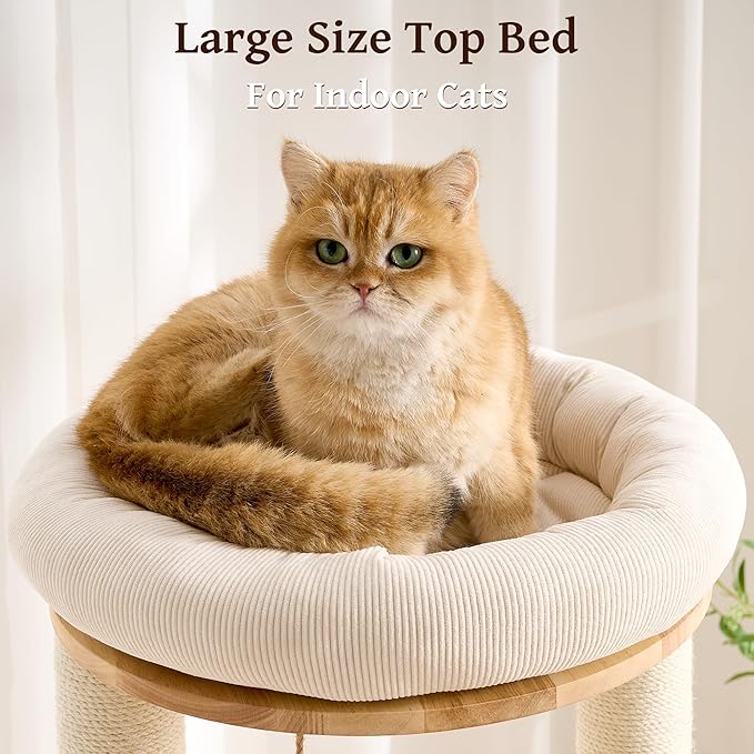 Modern Solid Wood Cat Tree Small Tower with Scratching Post for Indoor, Multifunctional Cat Tree Tower with Bed, Space Capsule, Hammock, Scratching Board, Dangling Ball