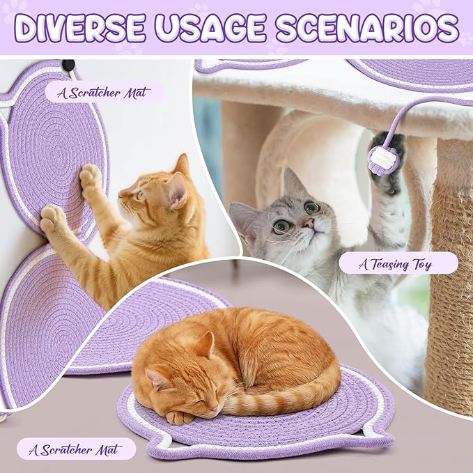 25.6 Inch Large Scratching Mat for Indoor Cats Natural Cotton Rope Flat Scratcher with Ear Hooks and Ball Toy Cat Scratch Rug Pad for Wall, Couch, Carpets, Sofas (Purple)