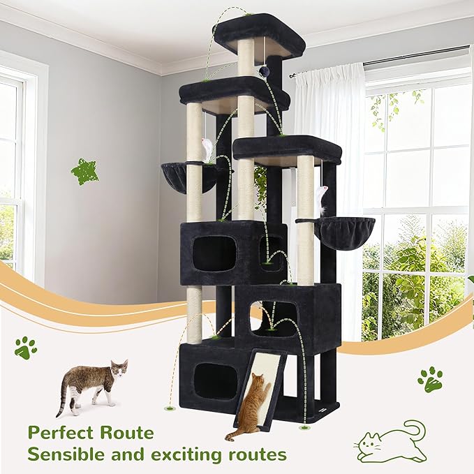 Globlazer 85 Inch Tall Cat Tree for Large Cats, Multi-Level Cat Tower for 4+ Cats with 3 Condos, 2 Hammocks & Sisal Posts, Heavy Duty Cat Tree Tower for Maine Coon, S85, Dark Grey