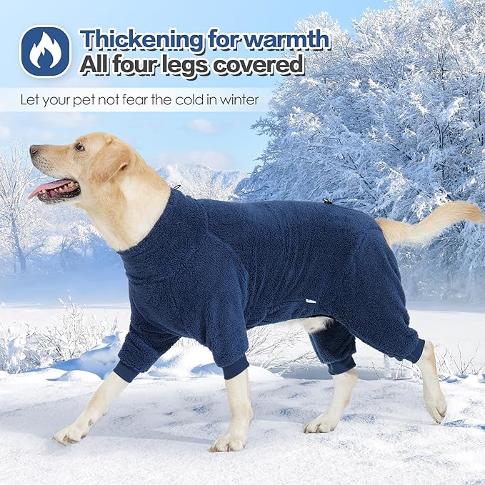 Dog Winter Coat, Warm Fleece Dog Jacket, Windproof Pullover Jumpsuit, Full Body Pajamas Onesie, Cold Weather Clothes for Medium Large Dog(Large,NavyBlue)
