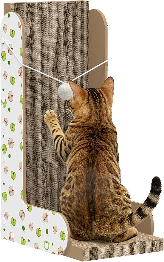Cat Scratcher, 22.7’’ L-Shaped Cat Scratching Board for Indoor Cats, Large Cardboard Cat Scratcher with Ball Toy & Catnip, Double-Sided Cat Scratch Pad for Wall, Couch