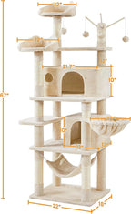 Topeakmart Cat Tree, 67in H Cat Tower for Indoor Cats, Multi-Level Climbing Tree with Scratching Posts Cat House w/Large Condo, Soft Hammock, Removable Cat Teaser Sticks, Beige
