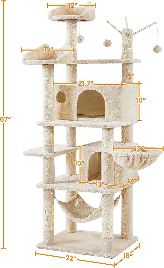 Topeakmart Cat Tree, 67in H Cat Tower for Indoor Cats, Multi-Level Climbing Tree with Scratching Posts Cat House w/Large Condo, Soft Hammock, Removable Cat Teaser Sticks, Beige