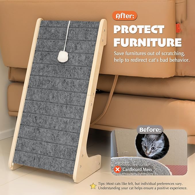 PETKARAY Felt Cat Scratcher, L Shaped Scratching Pad, Scratch Resistant Carpet Scratcher Ramp, Slot-Free Scratch Board with Toy Ball, Dark Grey