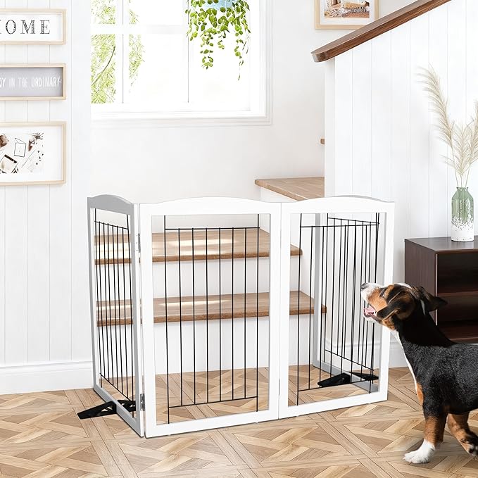 Dog Fence Indoor,Dog Gate Indoor for Doorway pet gate -6-Panel Freestanding, Hallways, House or Stairs -120x32-Inch Retractable Foldable Expandable Wood Pet by SFJC (White)