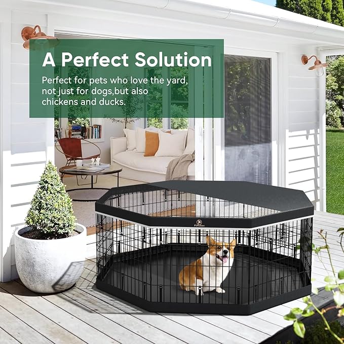PJYuCien Dog Playpen with Top Cover and Bottom Pad - Metal Foldable Exercise Pen, 8 Panels 24" H x 24" W Indoor Outdoor Pet Fence Puppy Crate Kennel, Black