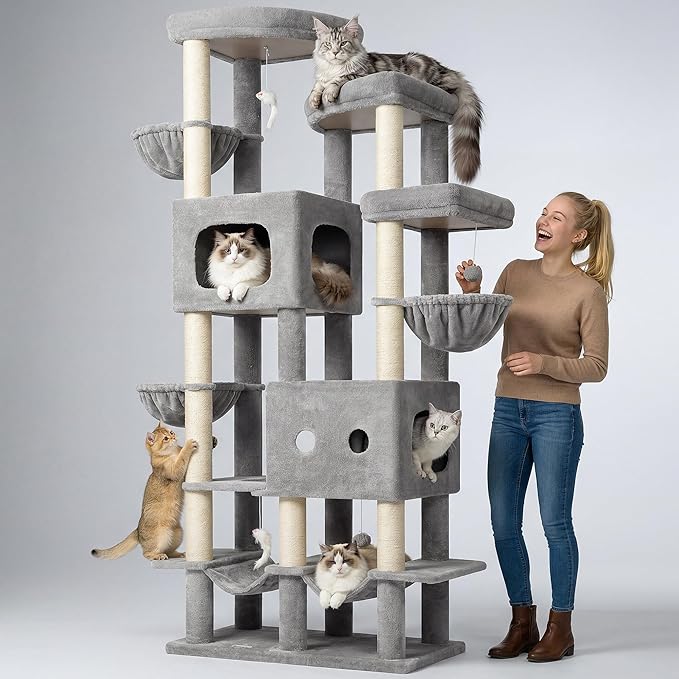Globlazer 81in Multi-Level Larger Cat Tree Tower Condo Indoor Furniture Activity Center with Oversized Plush Cat Bed/Baskets/Full-Sisal Scratching Posts and Hammock/S81/Light Gray