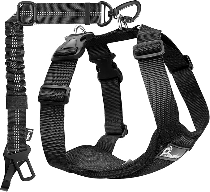 Pawaboo Dog Seat Belt Harness for Car, Dog Car Harness Seatbelt with Double Clips, Adjustable Breathable Pet Vest & Dogs Safety Tether with Elastic Bungee for Small Medium Large Pet, XXL, Black