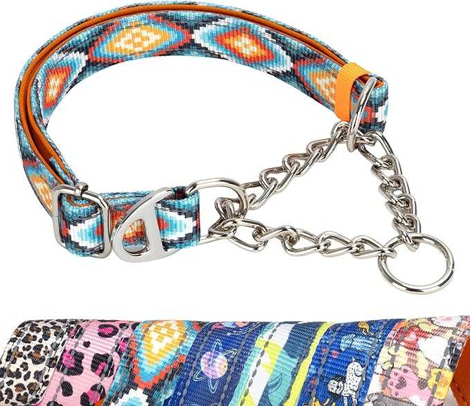 Martingale Dog Collar No Pull Adjustable - Choke Chain Collar with Metal Chain for Medium Large XL Dogs Comfortable Anti-Pull Training Collar, Tribal Pattern M