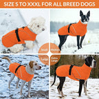 Queenmore Winter Dog Coat Warm Dog Jacket Vest Waterproof Puffer Fleece Snowsuit Adjustable Buckle Leash Hole Reflective Cold Weather Parka for Small Medium Large Dogs Girl Boy Orange S