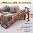 Dog Ramp for Bed or Couch, Wooden Pet Ramp with 20° Gentle Slope, Removable Side Rails, Non-Slip Surface, Top Platform & Wheels, Safe Bed Ramp for Small, Large & Senior Dogs, 74" Long, Mahogany