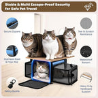 Top and 2 Sides Expandable Cat Carrier 18x11x11, TSA Airline Approved Dog Carriers for Small Dogs, Soft-Sided Pet Carrier with Self-Locking Zippers for Kitten,Rabbit, Puppy, Blue