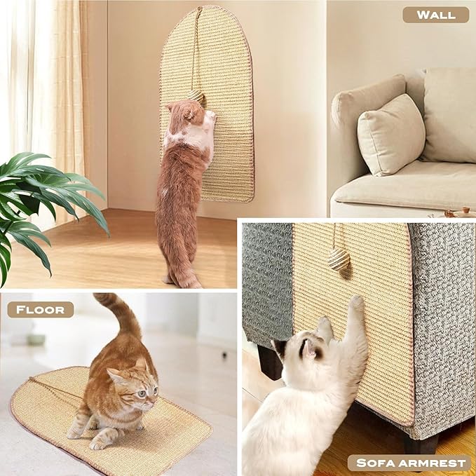 Natural Sisal Cat Scratcher Mat with Sisal Ball, Cat Wall Scratcher Cat Scratchers for Indoor Cats with Velcro Tapes, Cat Scratch Pad Carpet Rug, Wall Mounted Cat Scratching Mat Protect Wall and Sofas