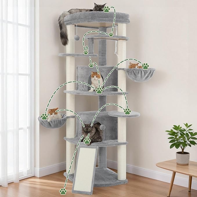 Corner Cat Tree for Indoor Cats, Cat Tower with All Sisal Scratching Posts, Multi-Level Cat Condo wth 2 Large Cat Caves, Big Top Perch, 2 Hanging Baskets, Sisal Ramp, Light Gray GCT035W
